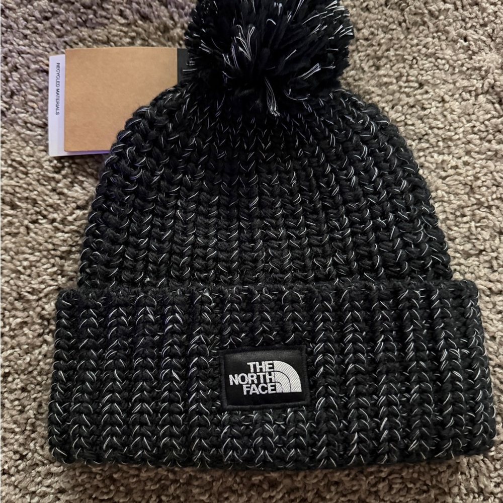 The North Face Black & White Marled Knit Beanie with Logo Patch